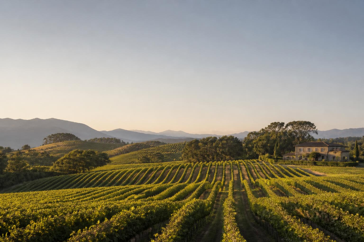 Vineyard rows in wine country at late afternoon
